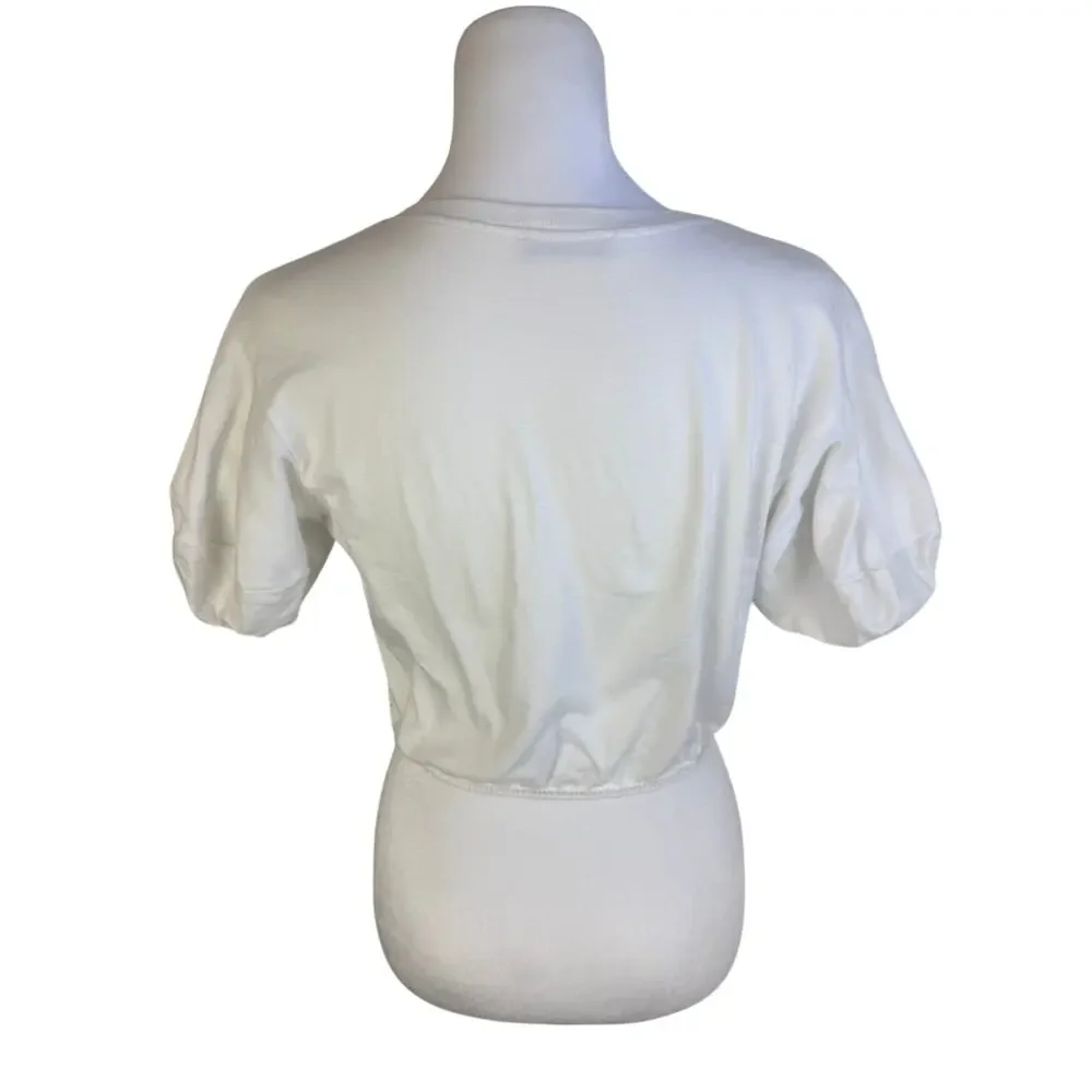 Zara Womens Short Puff Sleeve Minimalist Elastic Cropped Blouse Top White Small
